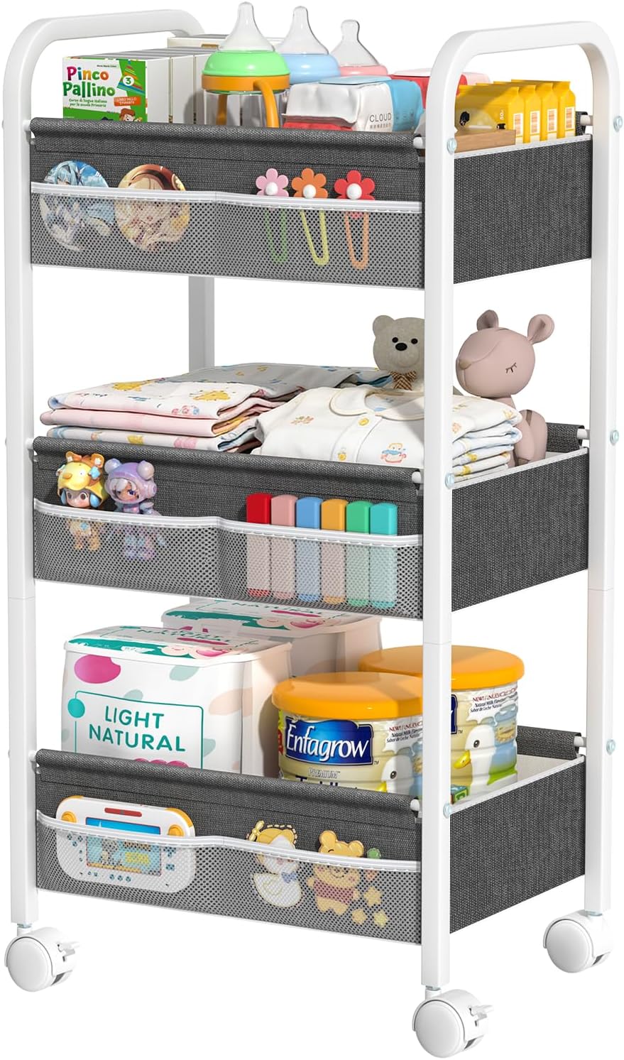 Detalle de Baby Diaper Caddy Rolling Utility Cart, 3-Tier Nursery Organizer in White