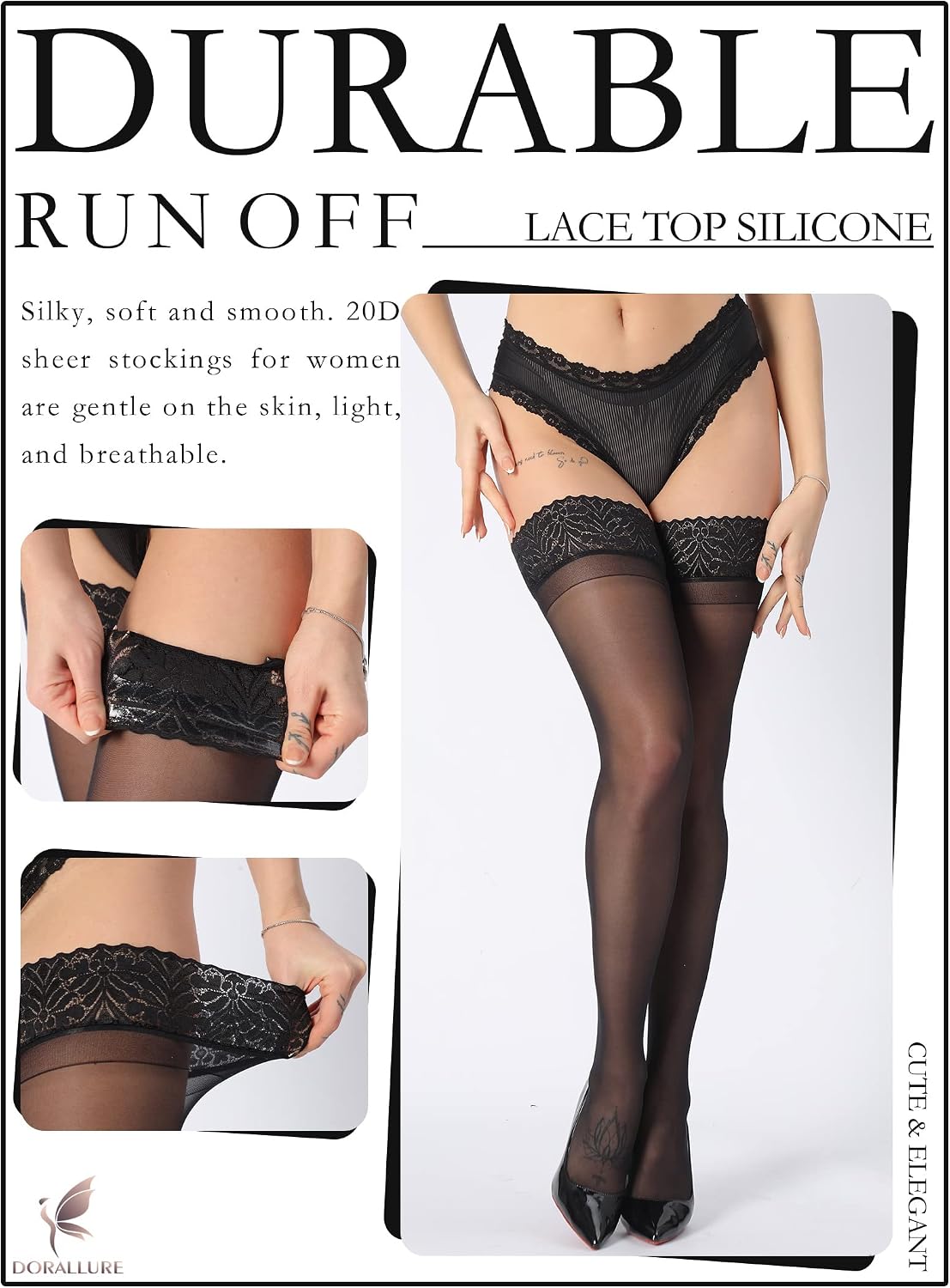 Detalle de DORALLURE Thigh High Stockings, 20D Sheer with Silicone Lace Top