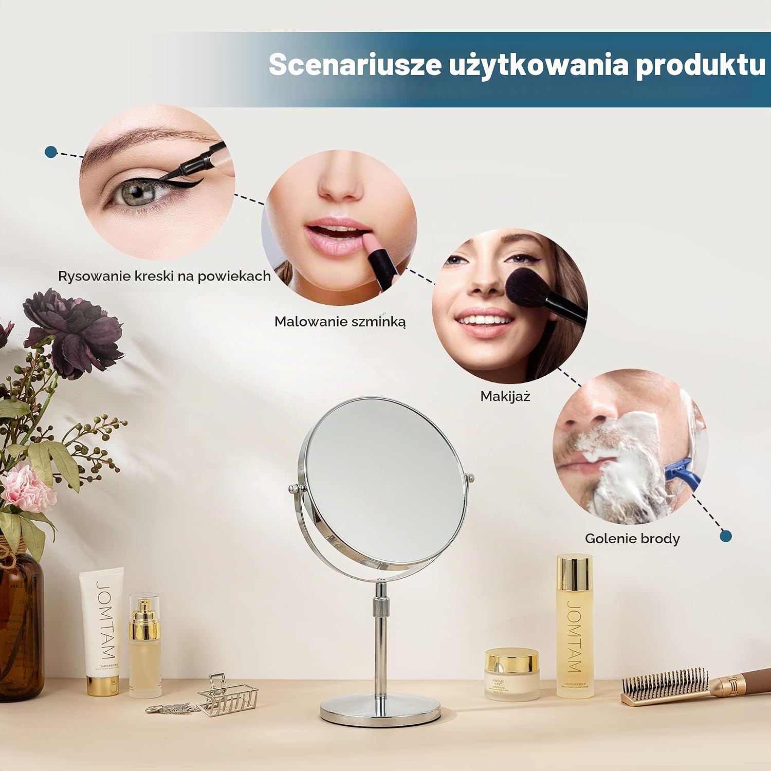 Detalle de HOMEMIRO – okrągłe lustro do makijażu, regulowana wysokość, 1x/10x, obrót 360°