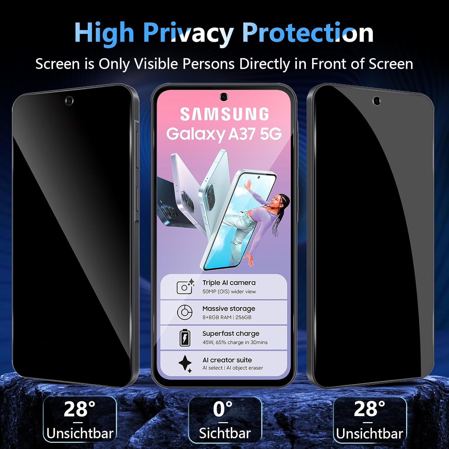 Detalle 2 de LiiLaa Sichtschutzfolie für Samsung Galaxy A37 5G – 2 Stück, Anti-Spy, Full Screen