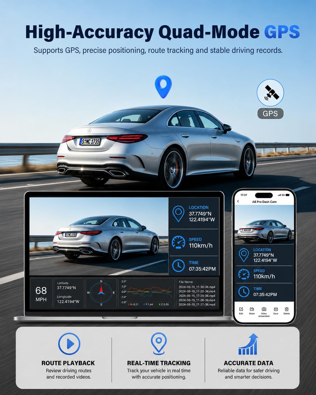 Thumbnail 5 de Eivikga A8 3-Channel Dash Cam, 4K + 2.5K + 2.5K, Wi-Fi 6