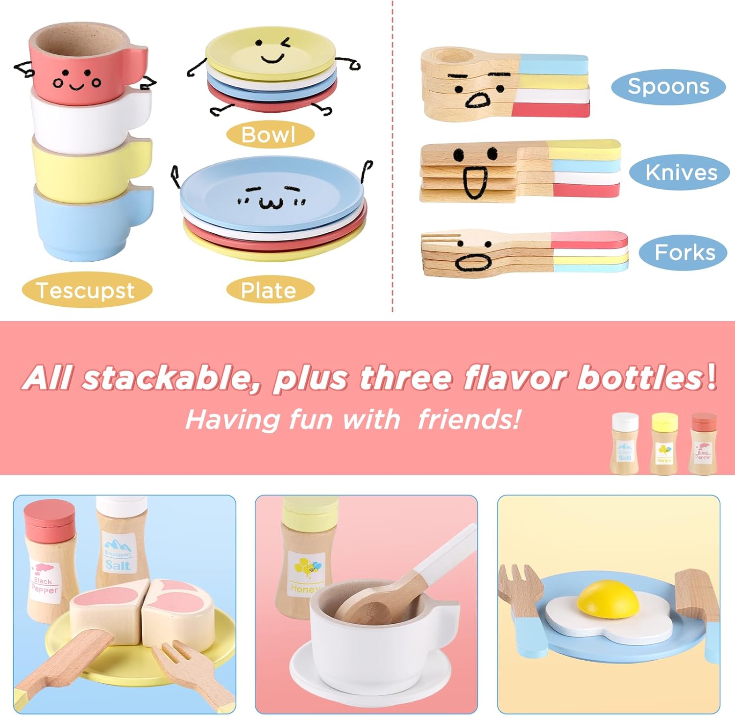 Detalle de GAGAKU 27-Piece Wooden Toy Kitchen Dish Set (2024 Upgrade) for 3+ – Safe, Durable Play Kitchen Accessories