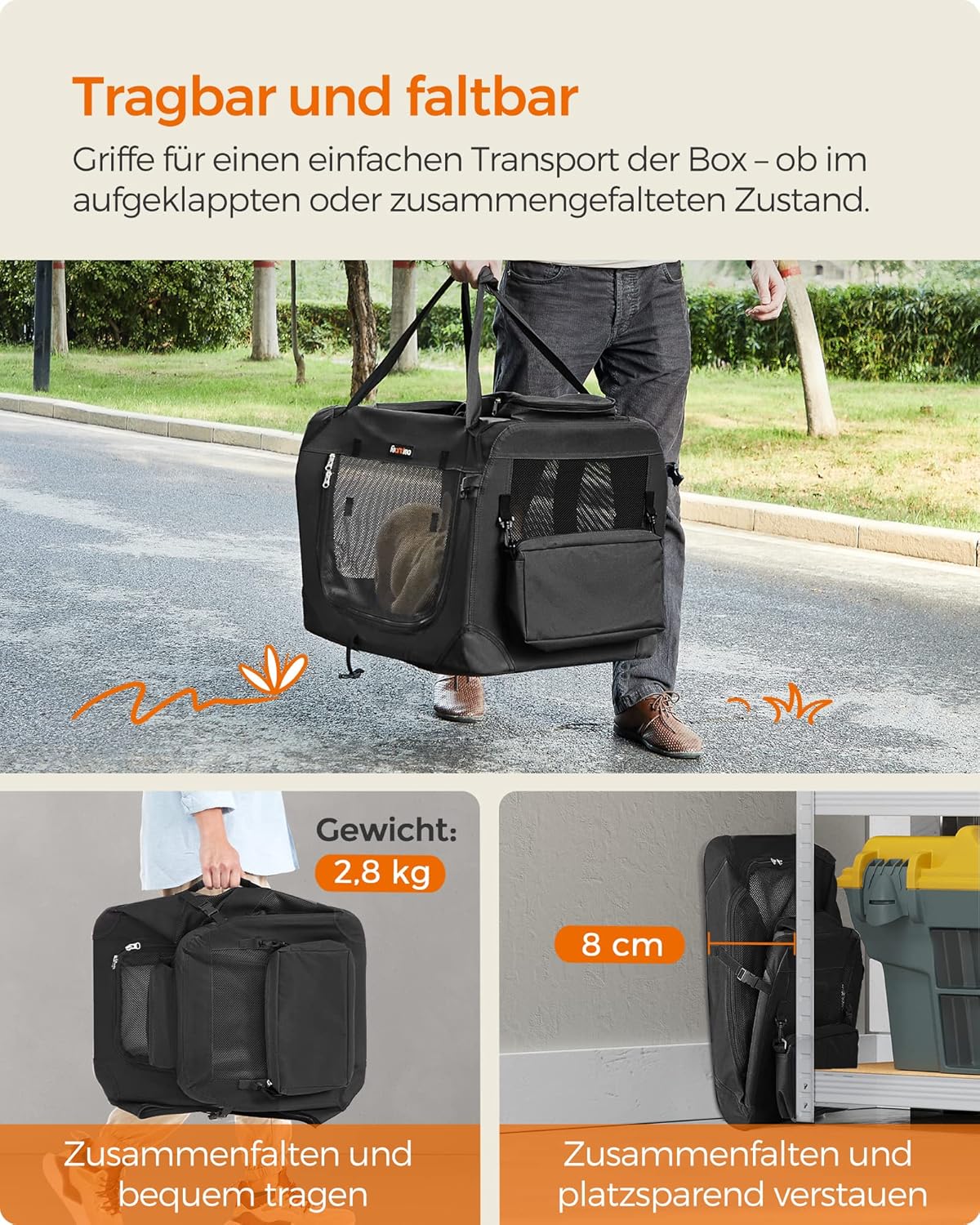 Detalle de Feandrea Hundebox faltbar, Transportbox Hund, 60 x 42 x 42 cm, Oxford-Gewebe, Netzstoff, Metallrahmen – robust, tragbar und faltbar