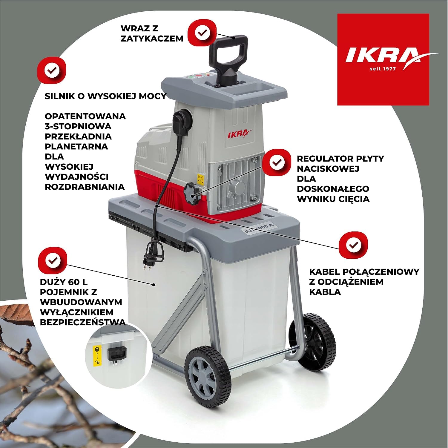 Thumbnail 5 de IKRA ILH 3000A – elektryczny rozdrabniacz walcowy 3000 W, do gałęzi 44 mm