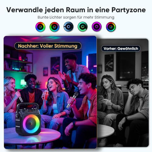 Detalle de Singingmate Karaoke Maschine mit 2 kabellosen Mikrofonen – tragbare Karaoke Box, Bluetooth Lautsprecher, TV-kompatibel