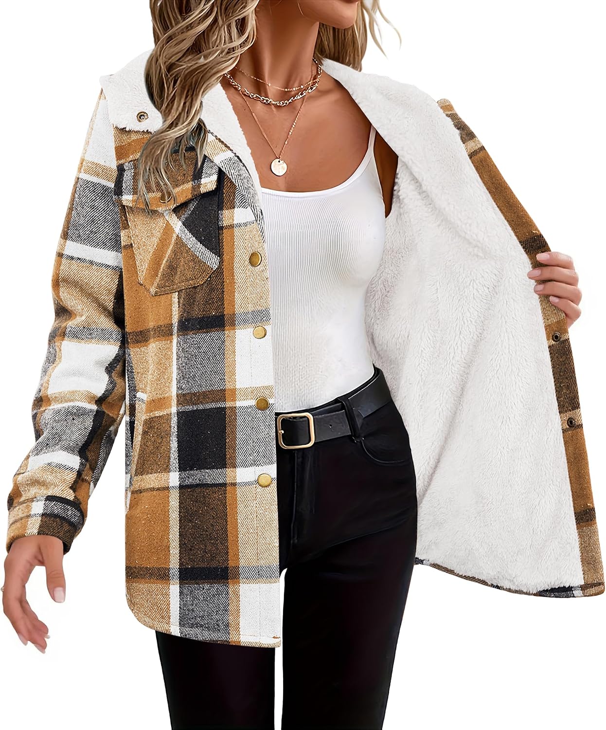 Detalle 2 de Zeagoo Plaid Shacket Jacket hooded fleece S-2XL