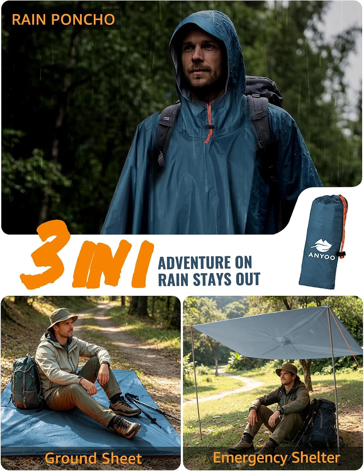 Thumbnail 5 de ANYOO Leichter wasserdichter Regenponcho – atmungsaktiv, faltbar und vielseitig