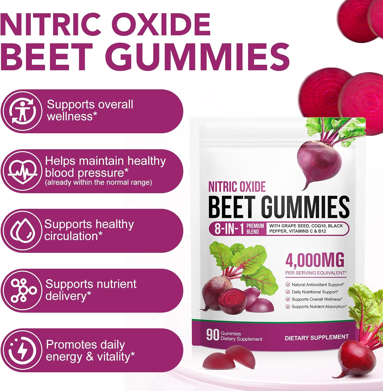 Detalle 2 de chenyayun 90-Chew Beet Root Gummies, Sugar-Free 8-in-1 with CoQ10