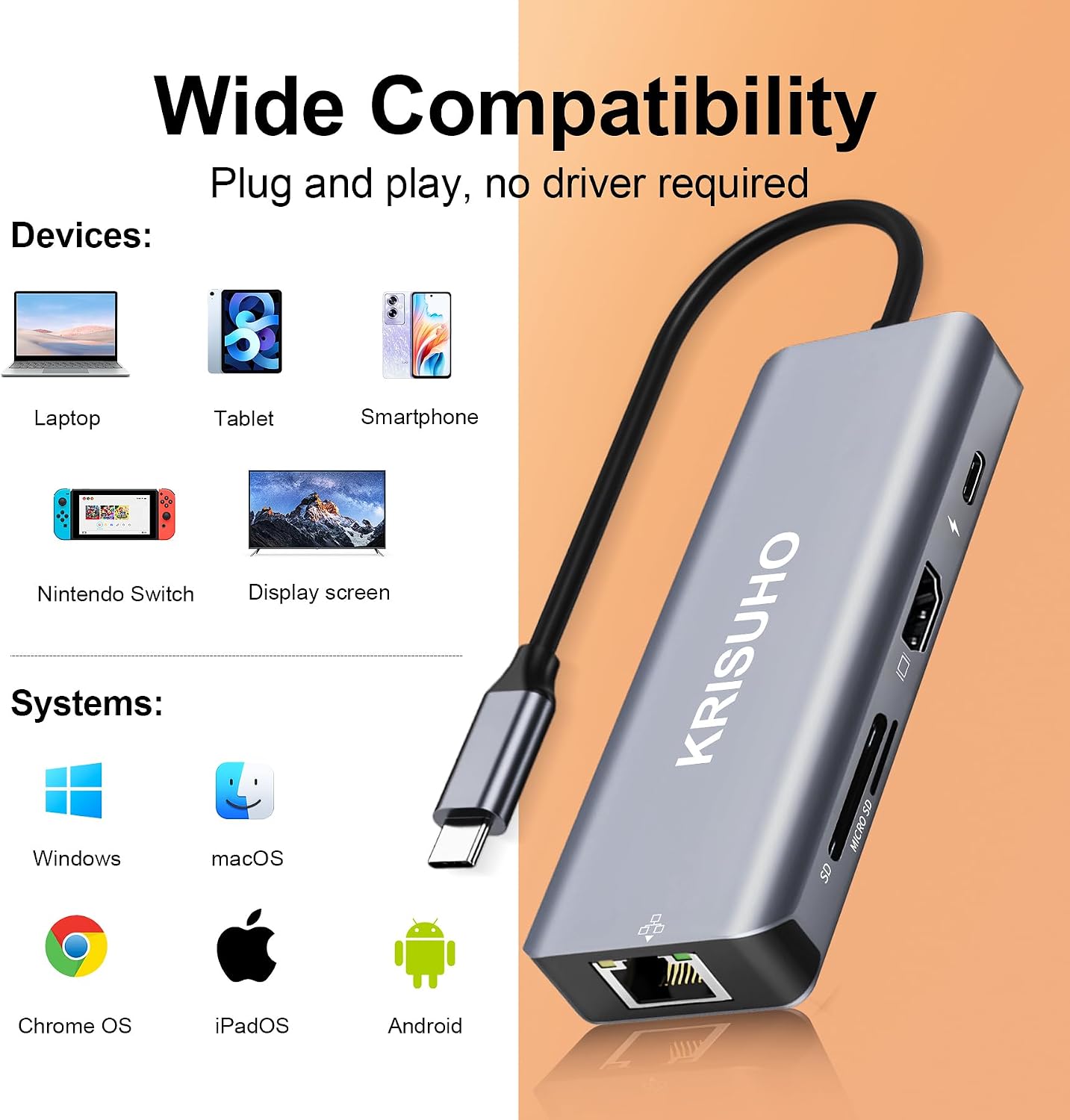 Detalle 2 de KRISUHO USB-C Hub Multiport Adapter (8-in-1) with Ethernet, HDMI 4K and 100W PD