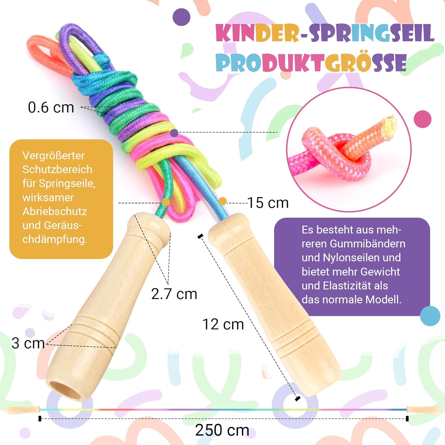 Thumbnail 2 de Springseil Kinder mit verstellbarer Länge – 250 cm, Holzgriffe, Regenbogen-Optik