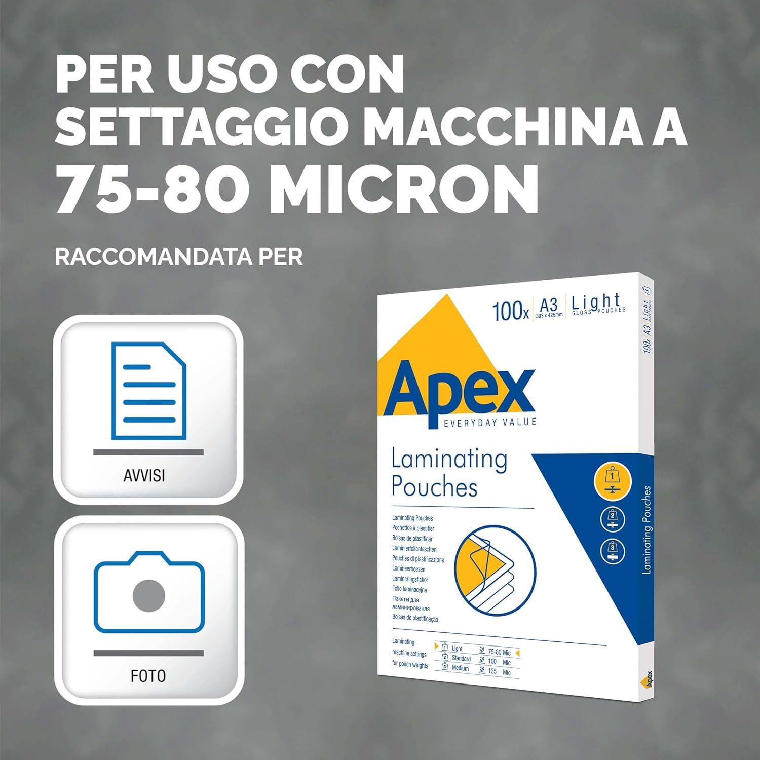 Detalle de Fellowes 6001901 Pouches per plastificazione Apex A3 80 micron Lucide – Confezione da 100