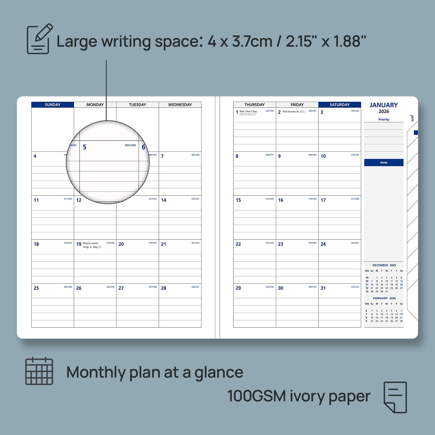 Thumbnail 3 de POPRUN 2026 Week to View A5+ Diary (17.5x21.5 cm) – Dark Green Weekly Planner with 1/2-Hour Appointments