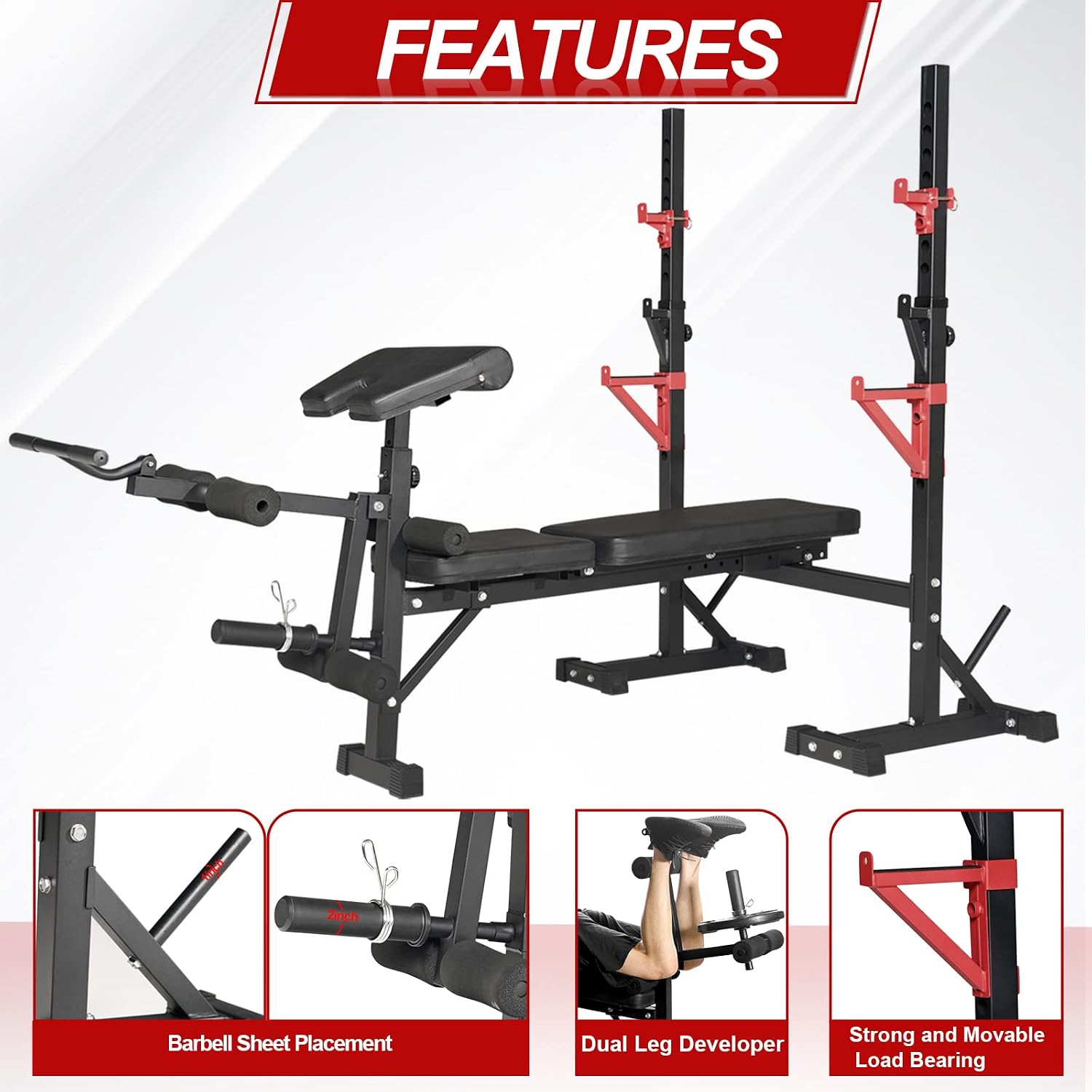 Thumbnail 5 de Bongkim Adjustable Weight Bench with Squat Rack, Foldable 12-Height Rack