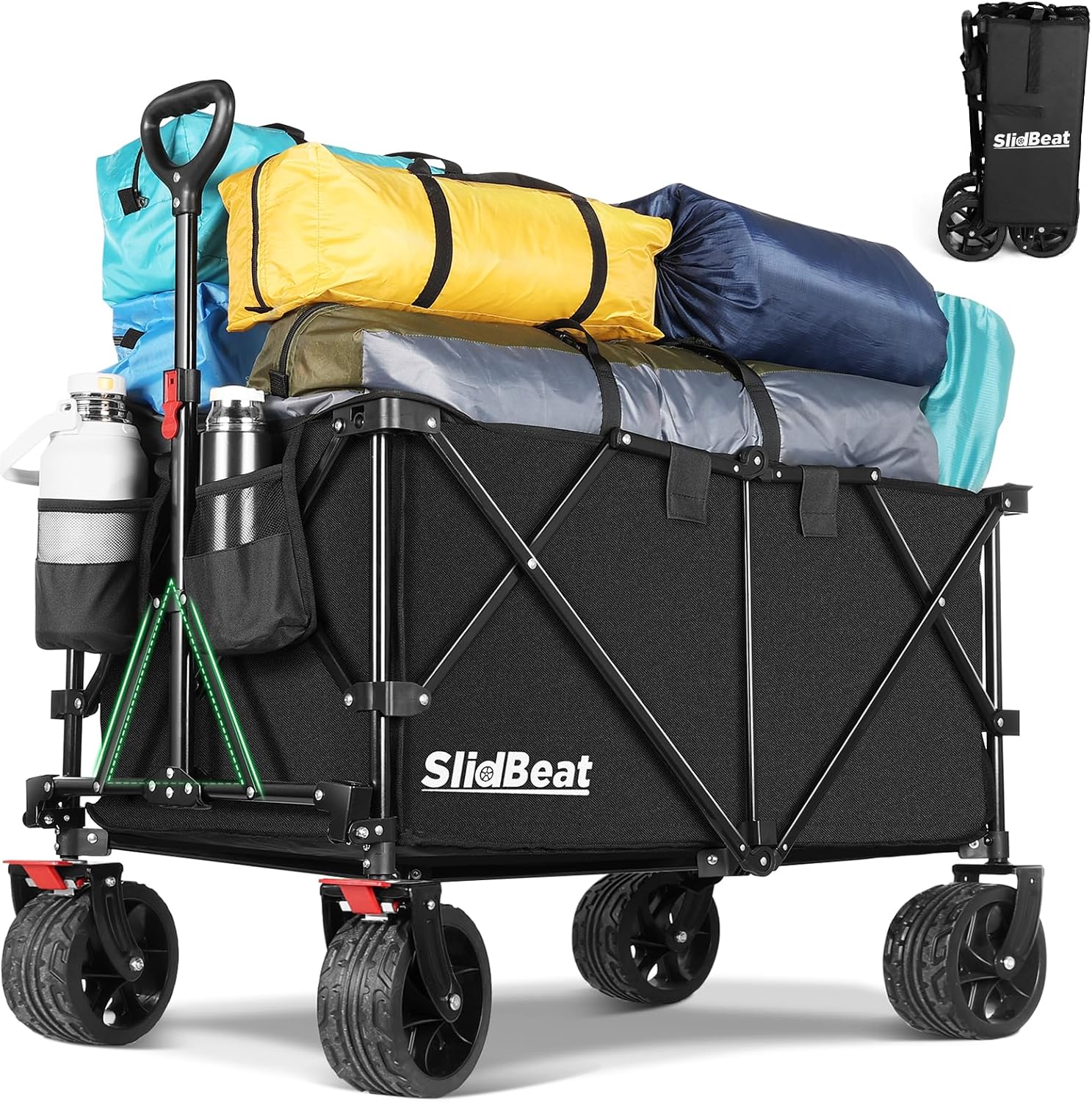 SLIDBEAT XXXL Faltbarer Bollerwagen mit Bremsen – 300L, 226 kg Tragkraft, Große Räder