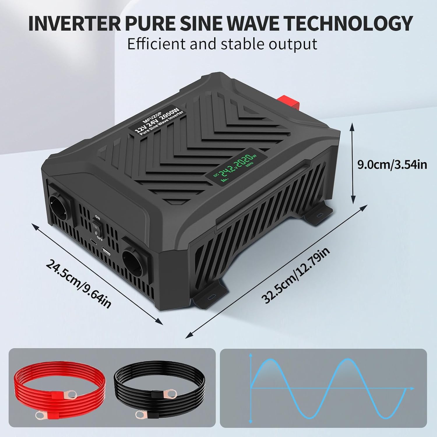 Detalle 2 de MFUZOP Inverter onda sinusoidale pura 12/24V DC → 220/230V AC, 2000W (picco 4000W) con LCD e porte USB/Type‑C