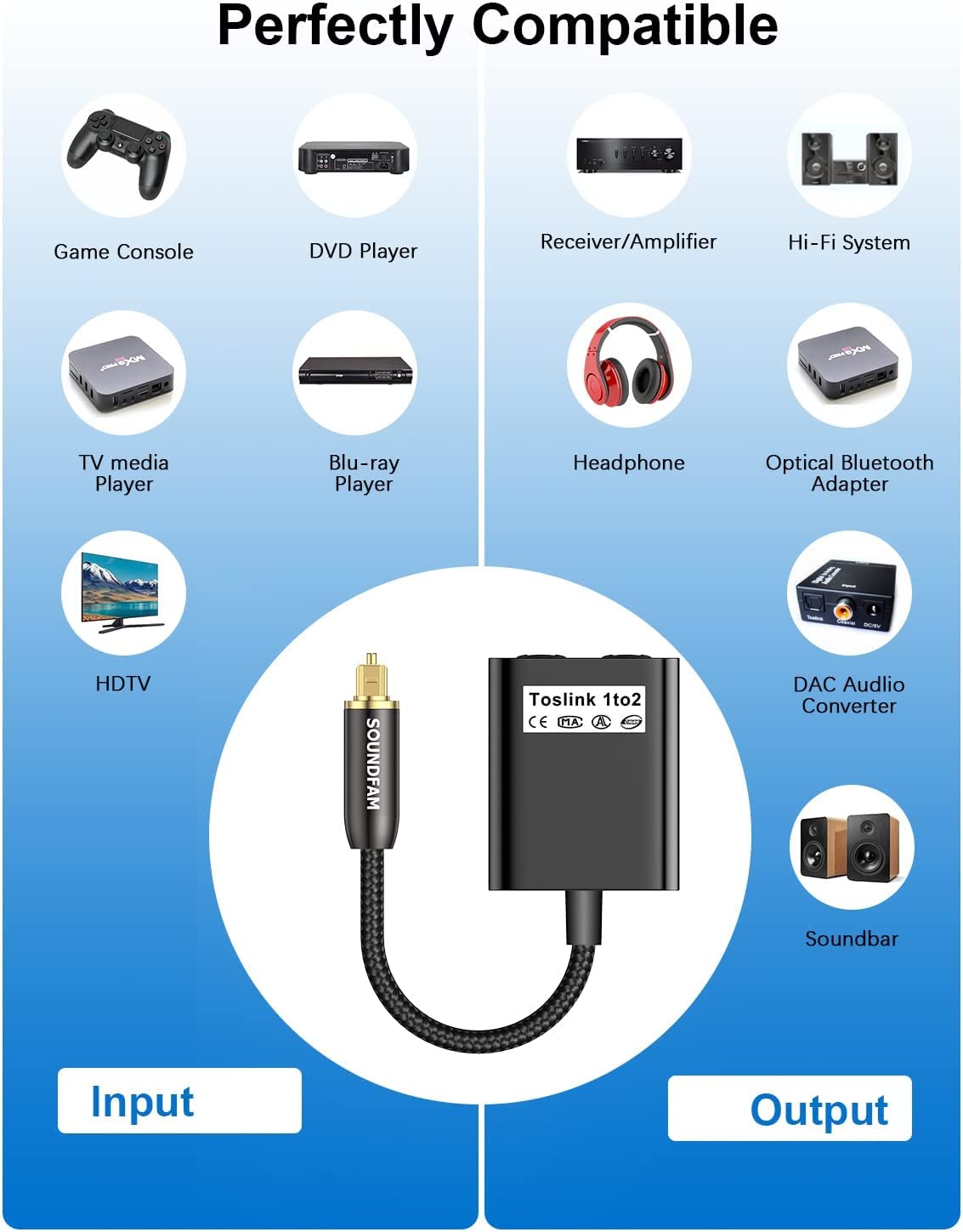 Thumbnail 1 de SOUNDFAM Toslink Splitter 1 Eingang auf 2 Ausgänge (optischer Audio-Adapter, Schwarz) – für TV, DVD & Soundbar