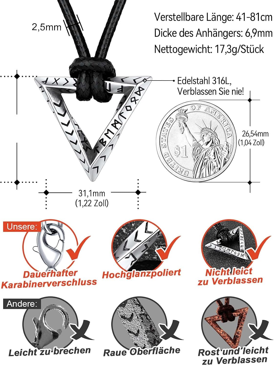Thumbnail 2 de FaithHeart Lederkette mit Runen-Anhänger aus 316L-Edelstahl – verstellbares Lederband im Wikinger-Stil