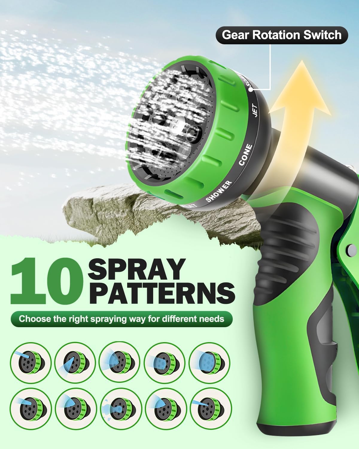 Detalle de 150FT Expandable Garden Hose with 4-Layer Latex Core, 10-Function Nozzle and Copper-Plated Connectors (Green)