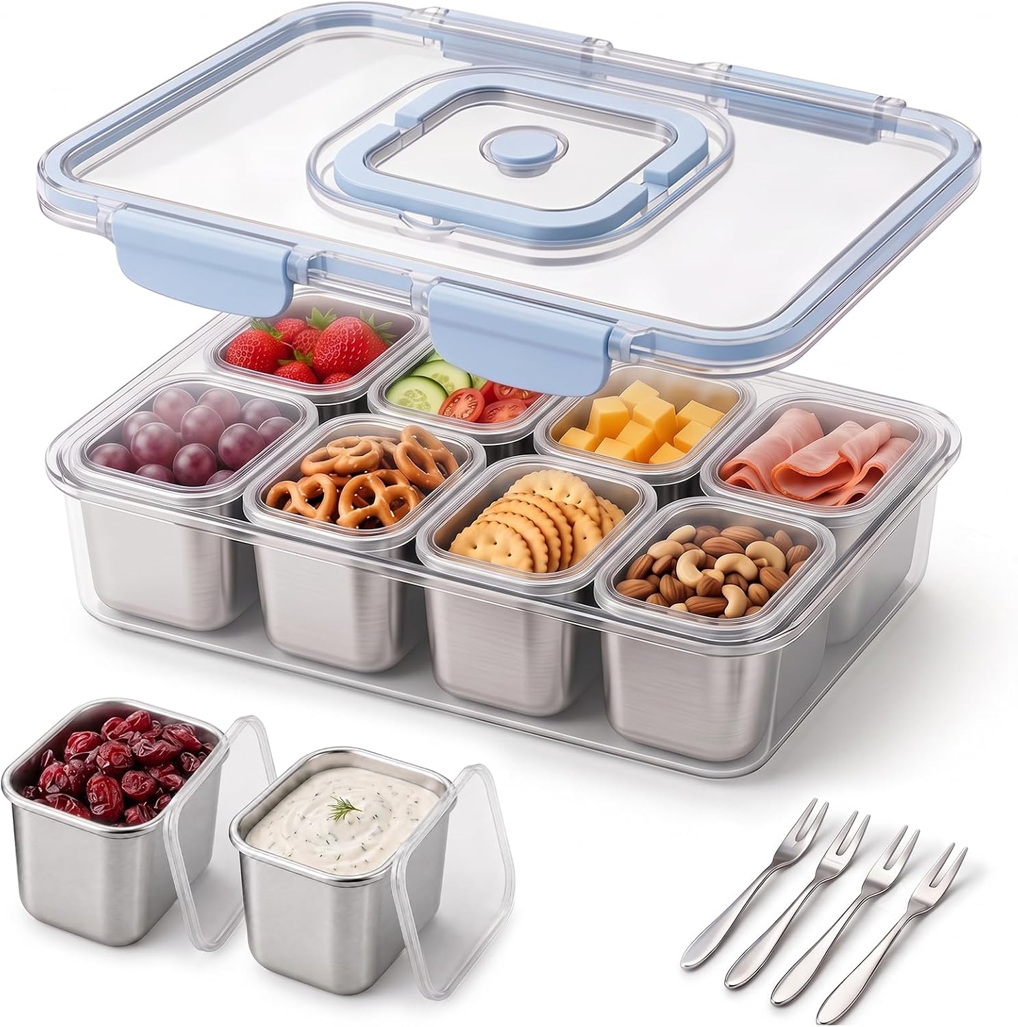 Detalle de Helecors Snackle Box with 8 Stainless Steel Cups, Individual Lids & Ice Pack
