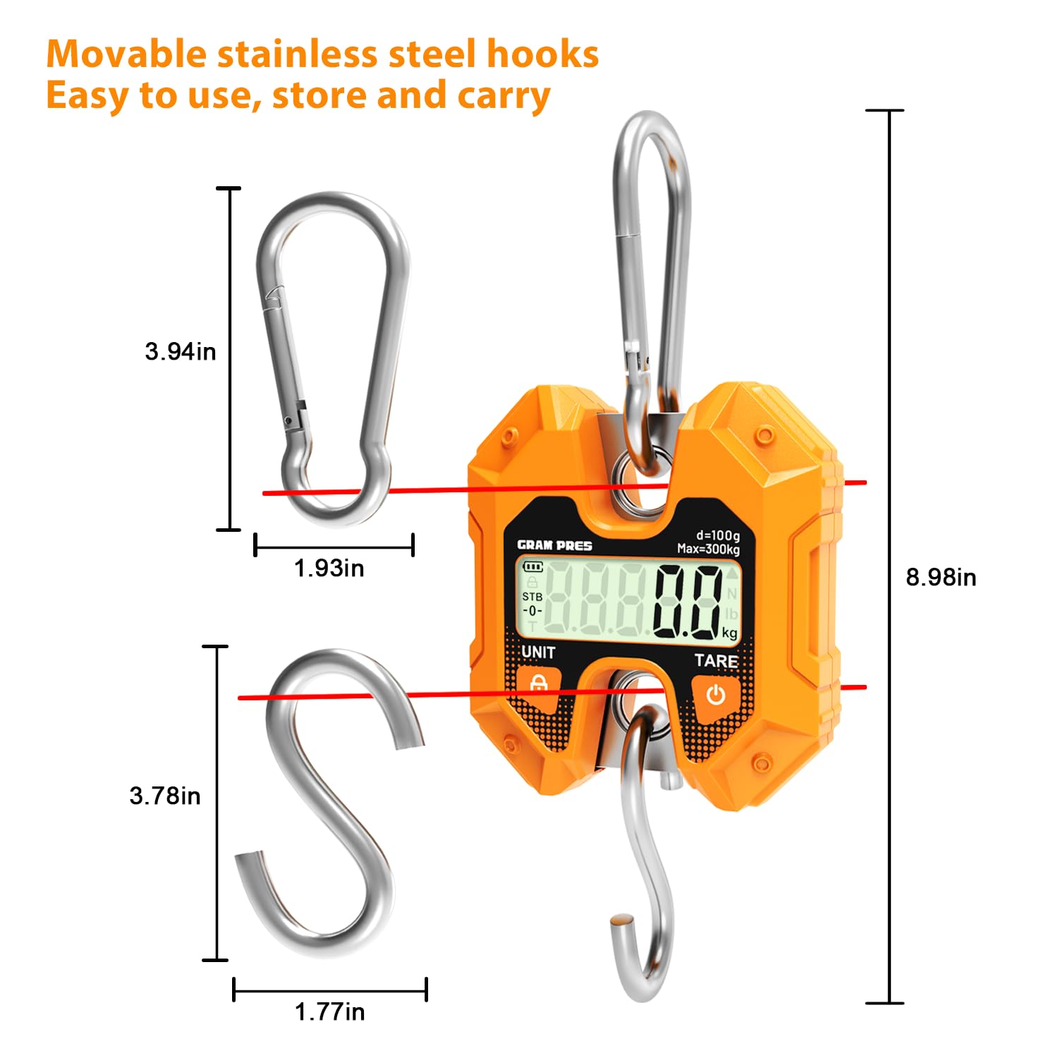 Detalle 2 de GRAM PRES Bilancia sospesa digitale 300 kg / 660 lb: bilancia portatile per caccia, pesca e uso all'aperto