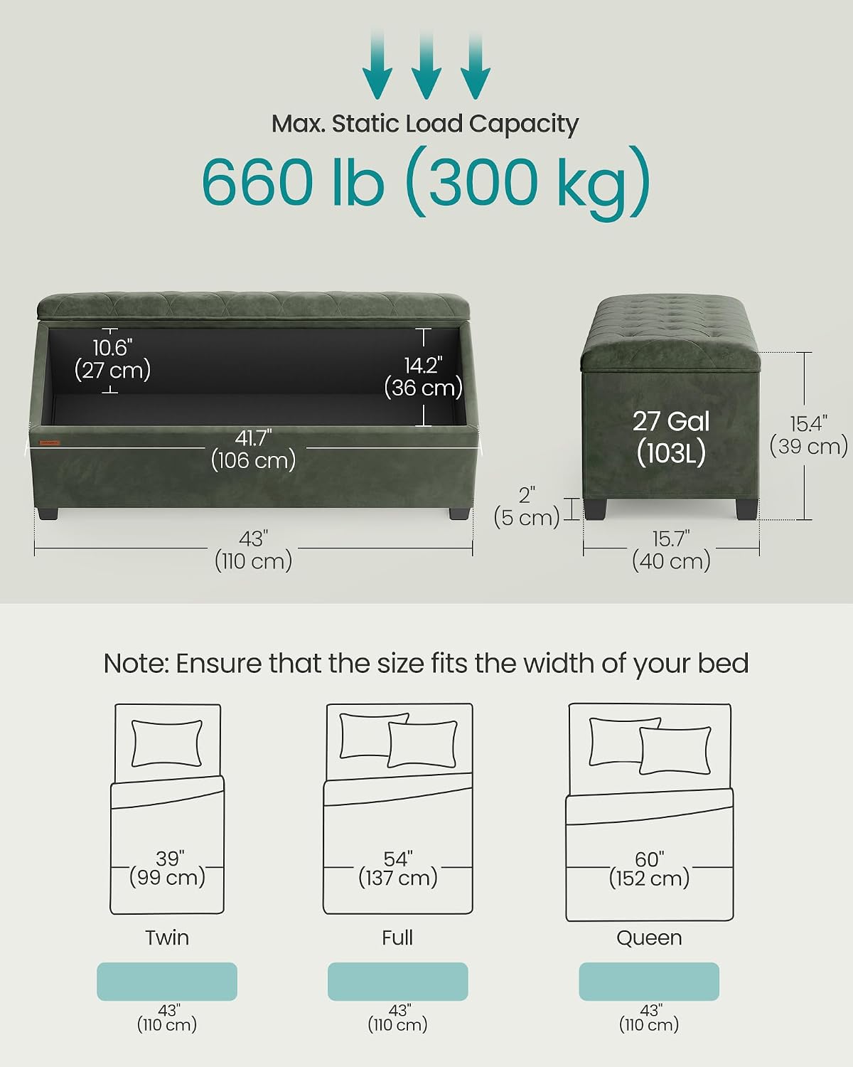 Detalle de SONGMICS Storage Ottoman Bench 43.3 x 15.7 x 15.7 Inches
