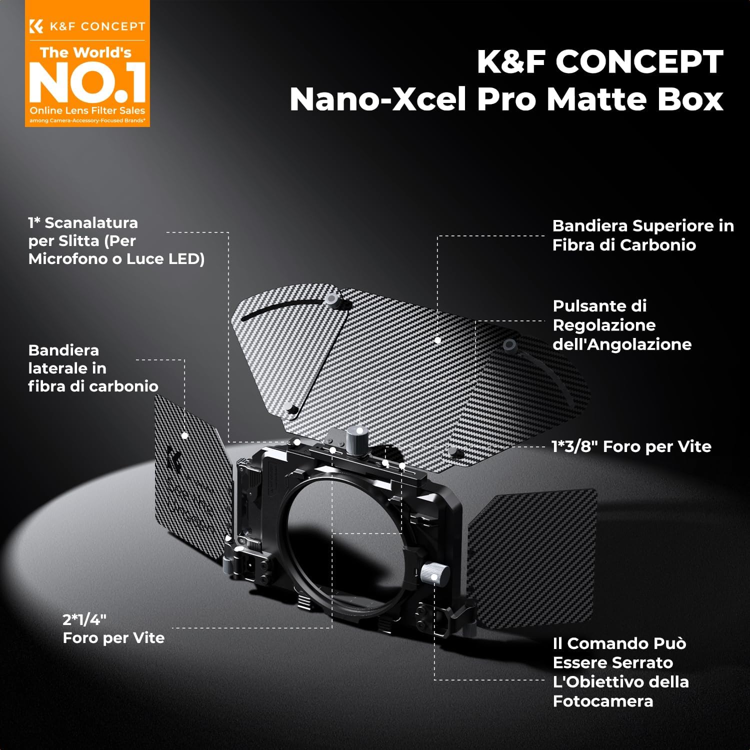 Detalle de K&F CONCEPT Mini Matte Box con 2 Portafiltri 4”x5,65” e Alette in fibra di carbonio per DSLR/Mirrorless – 5 anelli adattatori inclusi