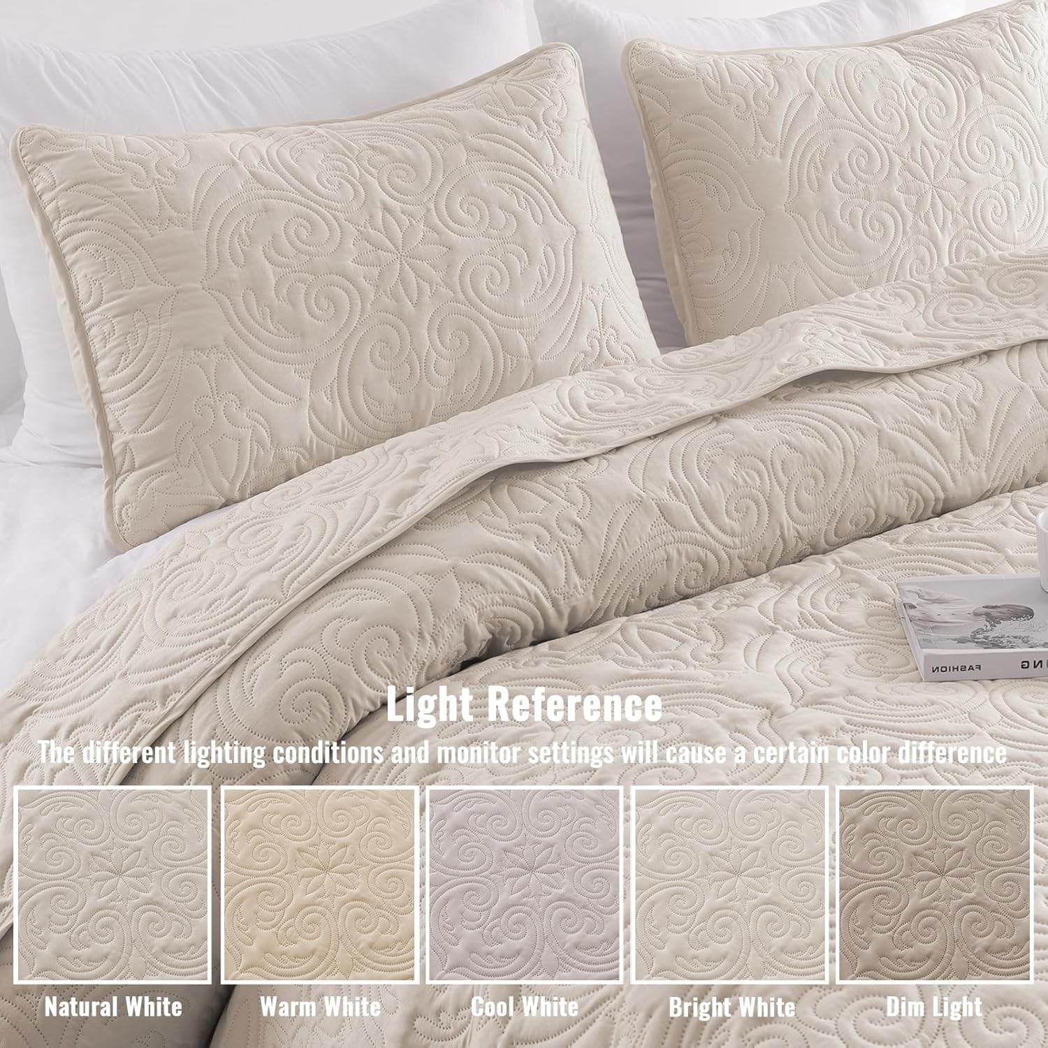 Detalle de Exclusivo Mezcla QS-YP-TBE Twin Quilt Set, Beige Cream Microfiber Damask