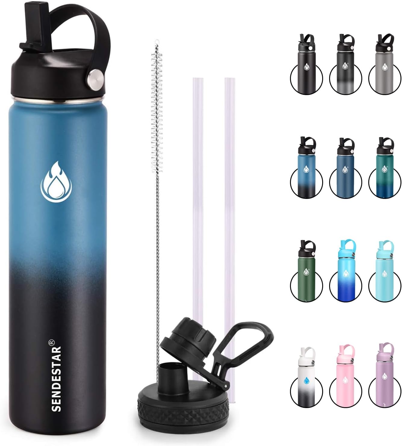 Detalle de SENDESTAR 24 oz Insulated Water Bottle with Dual Lids (Deep Blue/Black)