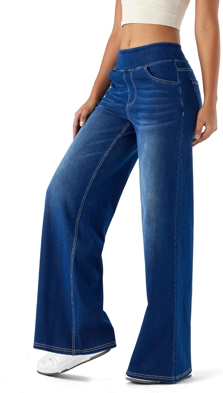 Detalle 2 de LaiEr Large Denim Wide Leg Pants for Women — High Waist, Elastic Comfort, and Retro Marble Detail