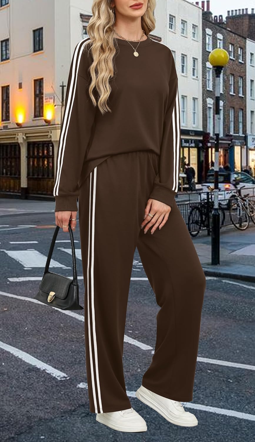 Detalle 2 de Sampeel 2-Piece Color-Block Sweatsuit Set for Women with Striped Sleeves