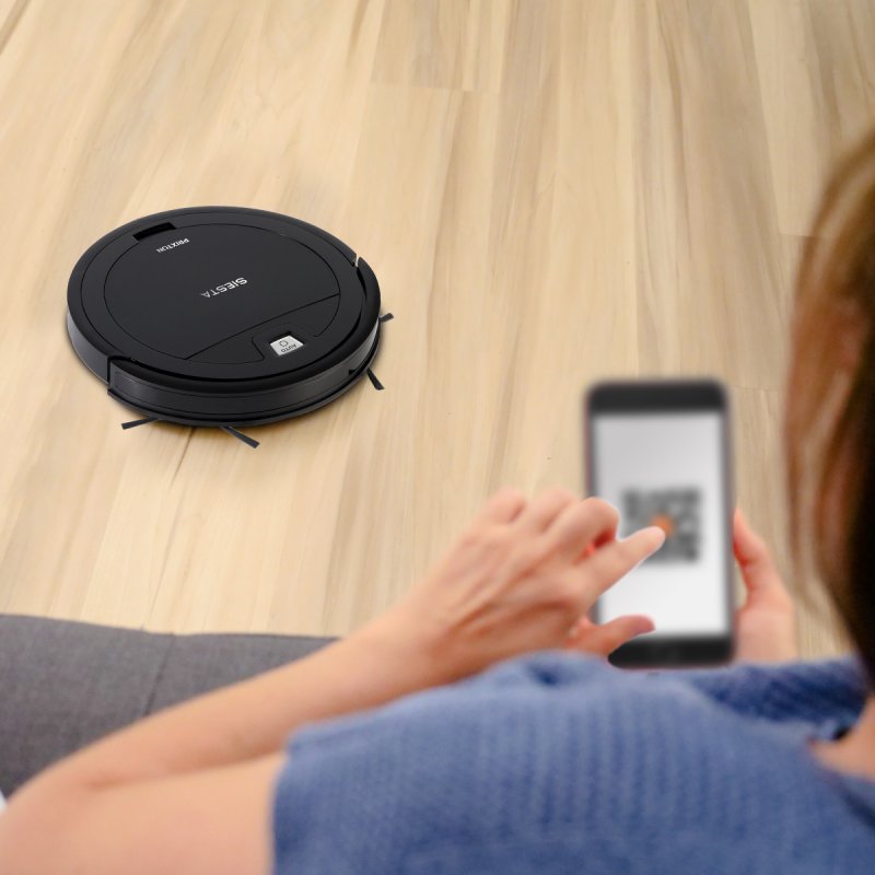 Detalle de Prixton Siesta robot aspirador negro ultrafino con WiFi y app