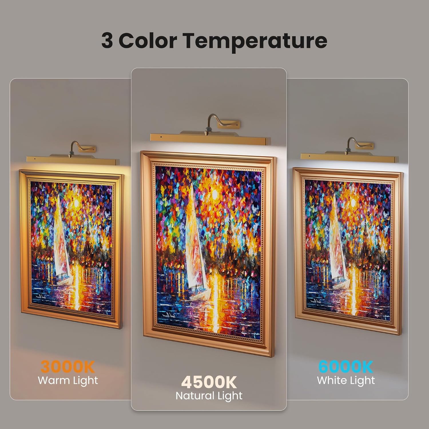 Detalle de Craftersmark Picture Light Battery Rechargeable (3-Pack) with Remote, 3 Color Modes, Dimmable, Timer — Antique Gold