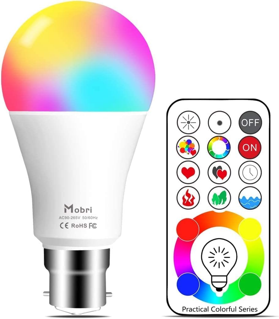 Imagen de Mobri B22 LED Colour Changing Light Bulbs with Remote Control (75W Equivalent) – Bayonet, Dimmable, 120 RGB Colours + Daylight White en OfertitasTOP