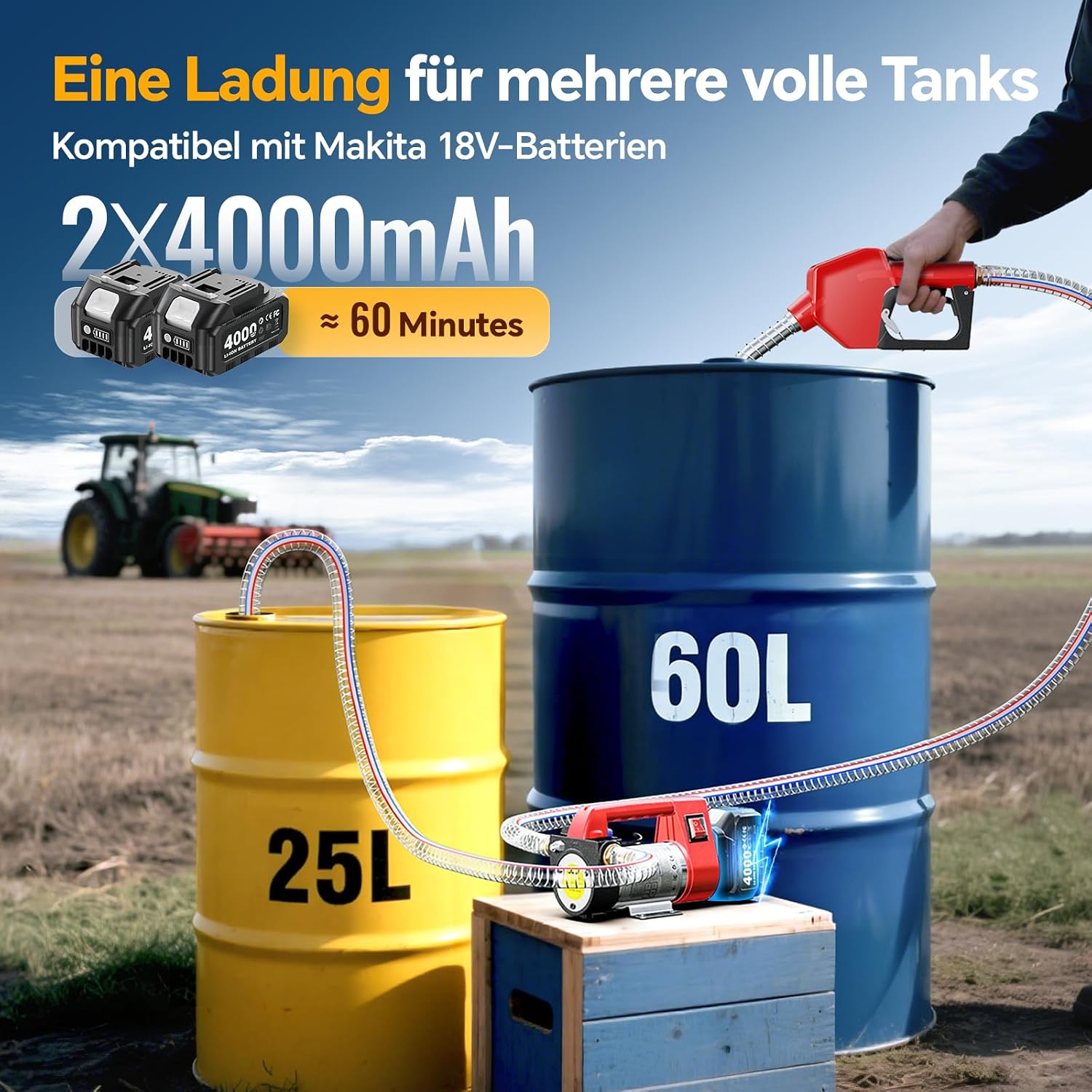 Detalle de Taskstar Dieselpumpe Akku 45 L/min – 21V Kraftstoffpumpe Set mit 2x4Ah Akku, tragbar, Auto-Stopp