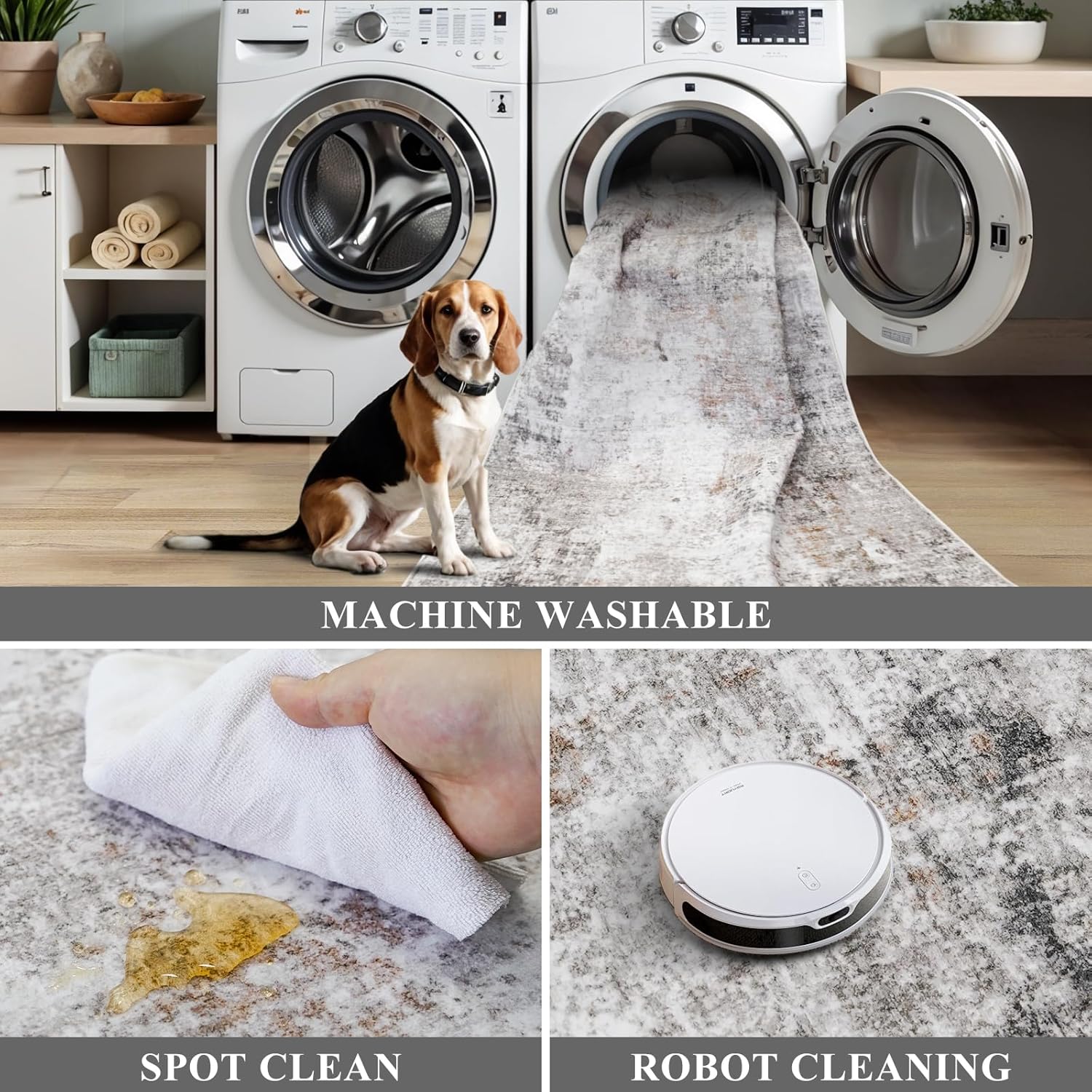 Thumbnail 4 de 12x12ft Square Living Room Rug – Non-Slip Washable Low-Pile Area Carpet (Beige Grey)