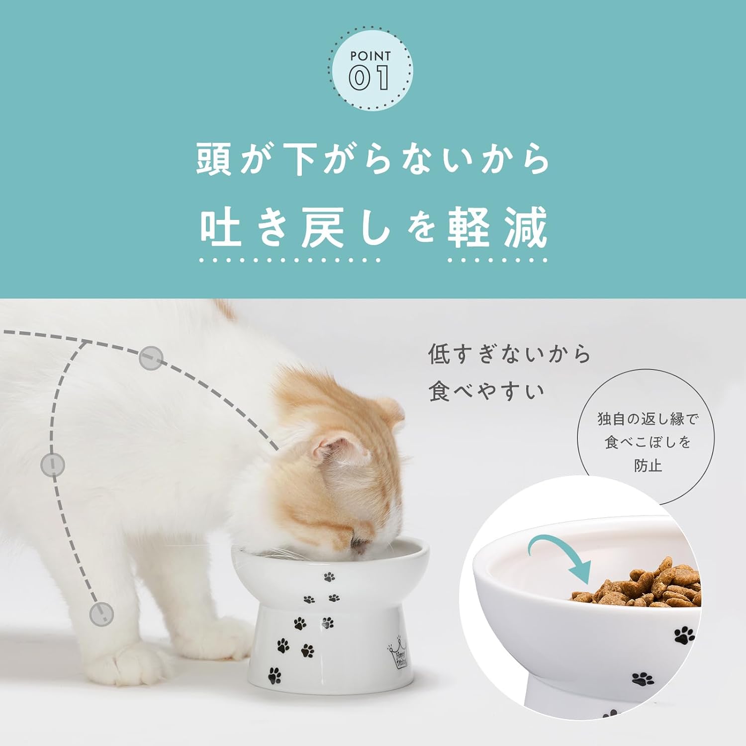 Detalle de 猫壱 ハッピーダイニング 脚付にゃにゃめフードボウル ハイタイプ 猫柄・陶磁器製