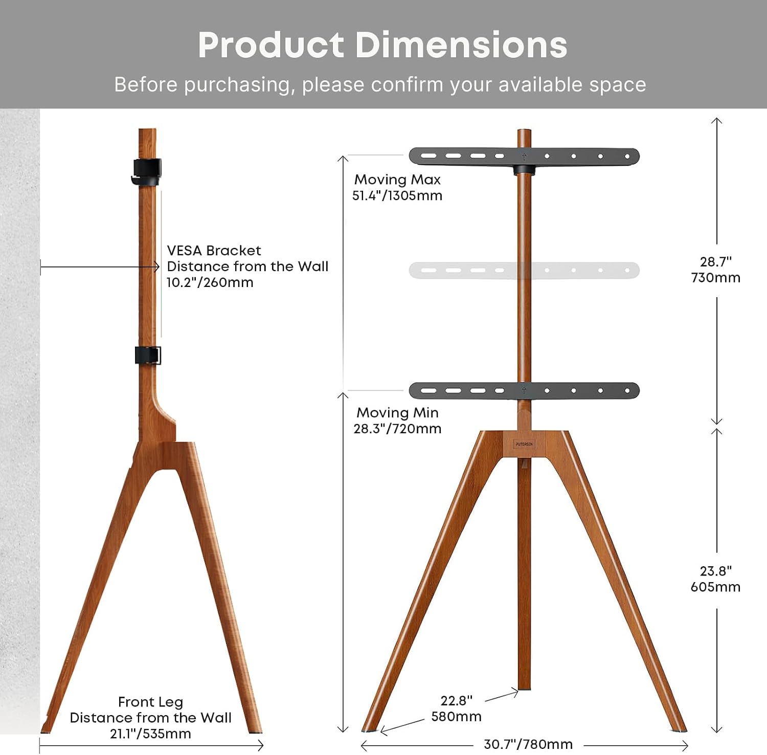Thumbnail 2 de PUTORSEN Premium Wood Easel TV Stand (Walnut) for 45–65 Inch TVs, Adjustable Swivel Tripod with Hidden Cable Management