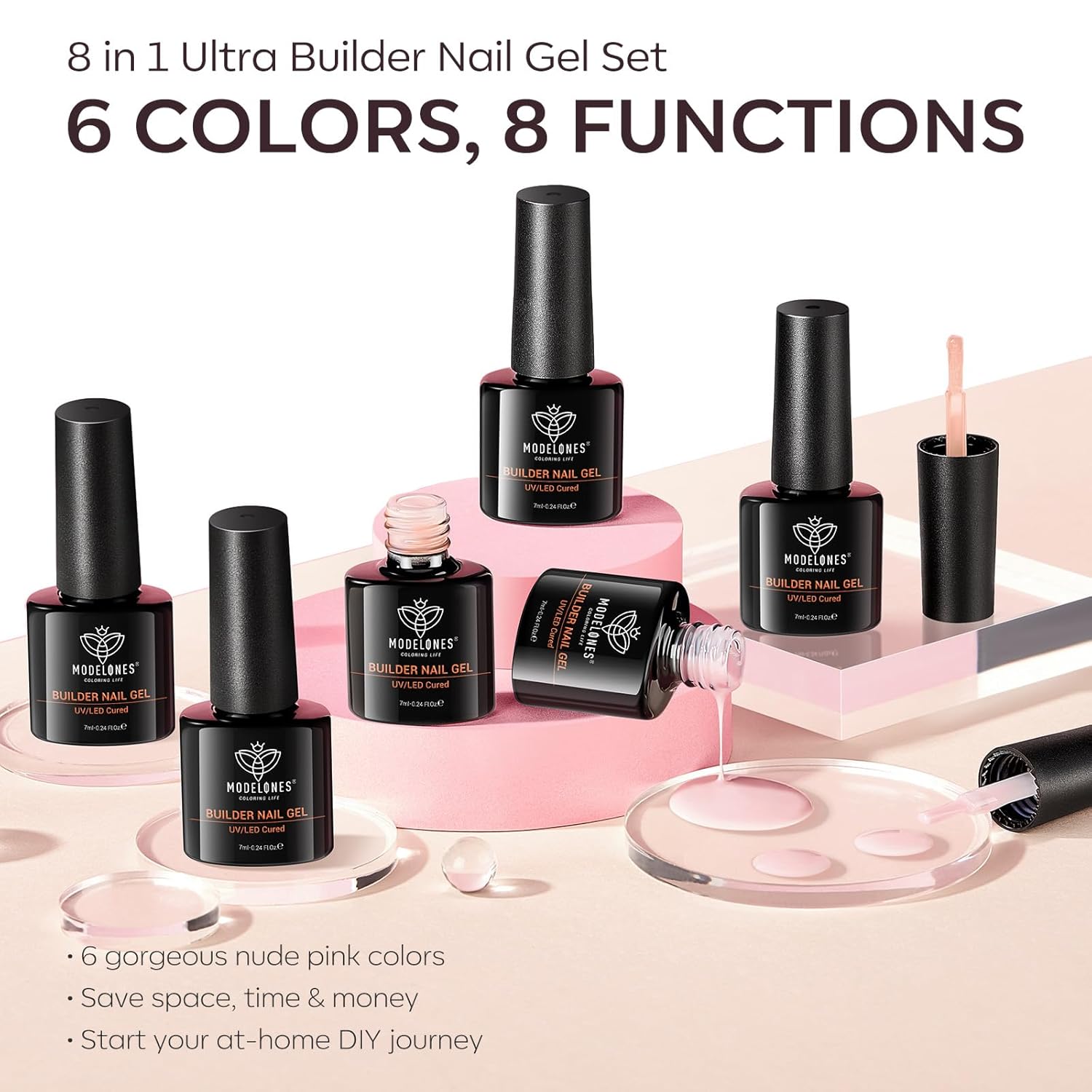 Thumbnail 6 de modelones Builder Nail Gel Polish Set (Nude Pink Jelly Gel) with LED Lamp Cured Finish, 6 Colors