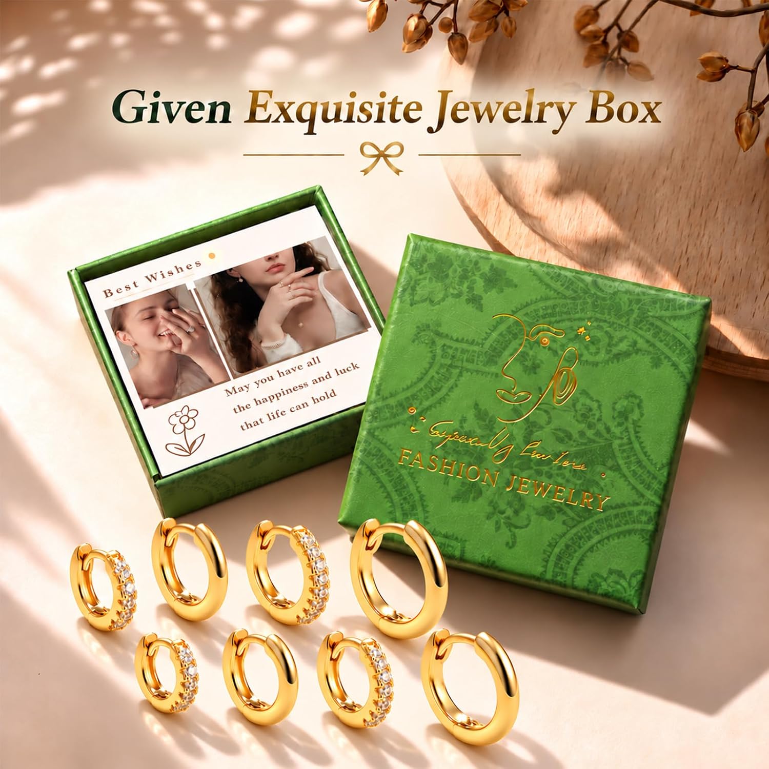 Thumbnail 6 de ATTILA 4 Pairs 14K Gold Plated Hoop Earrings for Women – 8/8/10/12 mm, 925 Silver Posts
