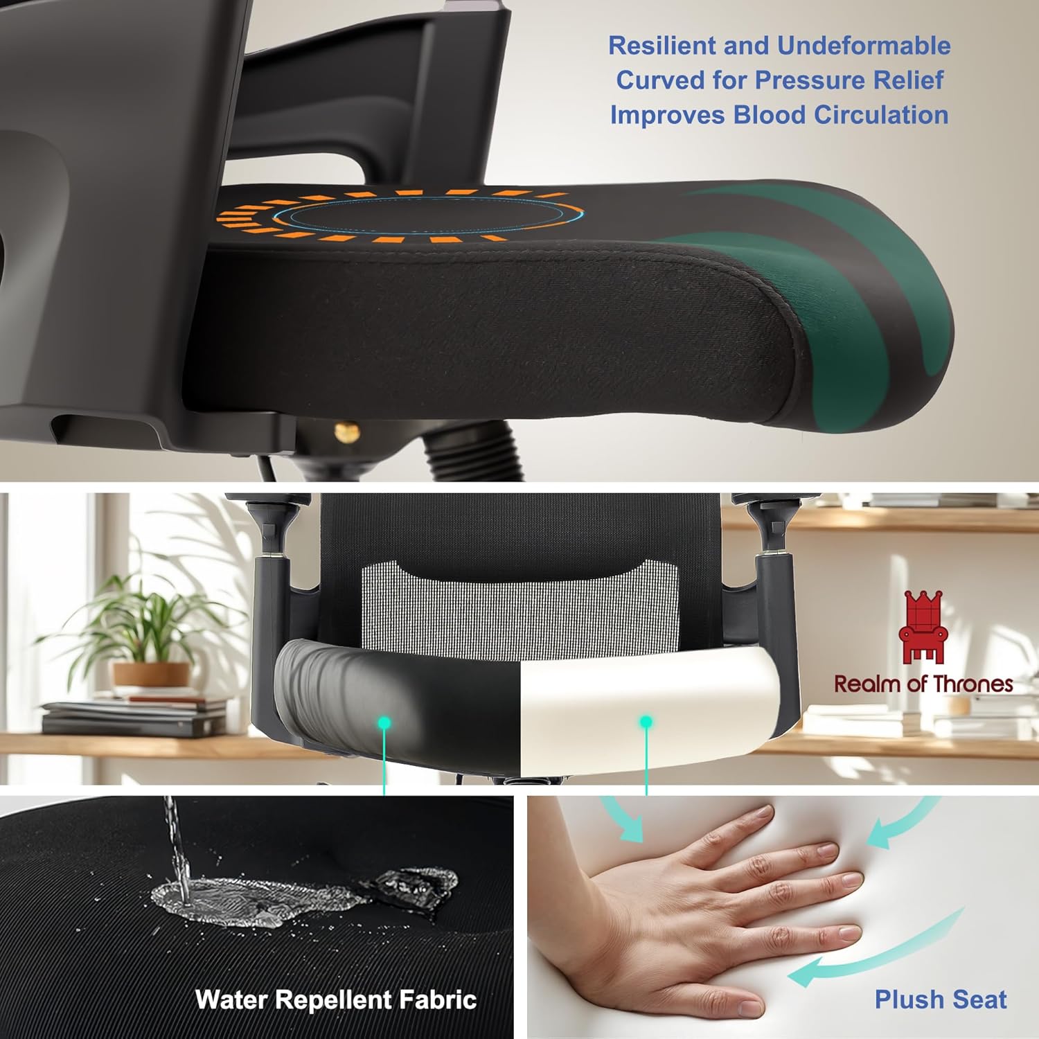 Thumbnail 5 de Realm of Thrones AVALON Ergonomic Office Chair with 3D headrest, adjustable lumbar support and mesh back (Black)