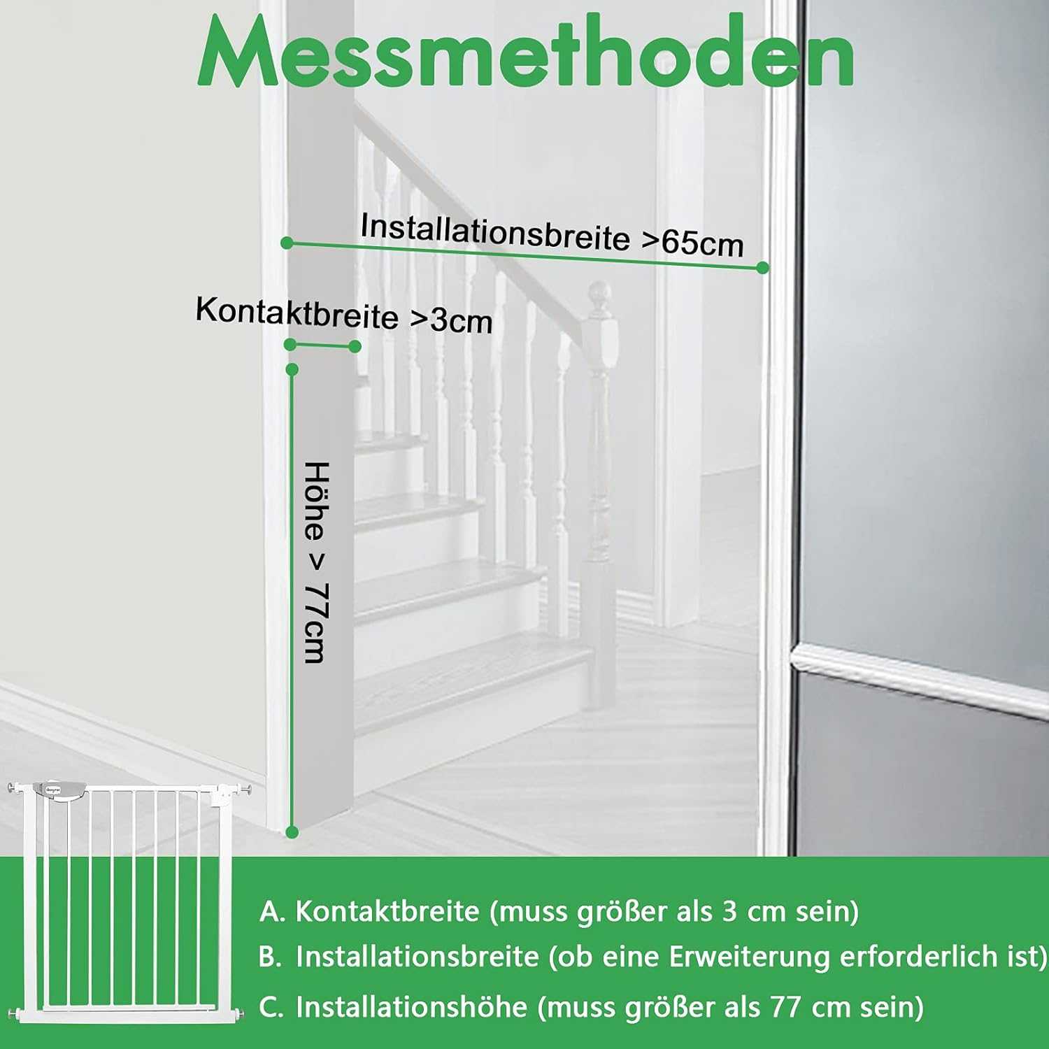 Thumbnail 2 de Aufun Treppenschutzgitter Türschutzgitter Kinder ohne Bohren – 75–85 cm, schwarz, selbstschließend