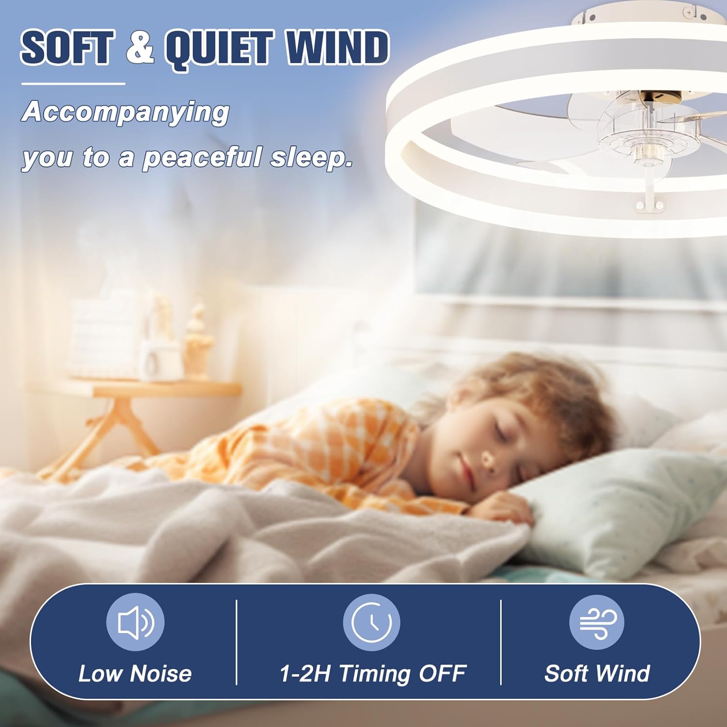 Detalle de VOLISUN 21237ZM Low-Profile Ceiling Fan with Light, 19.7-Inch, Remote