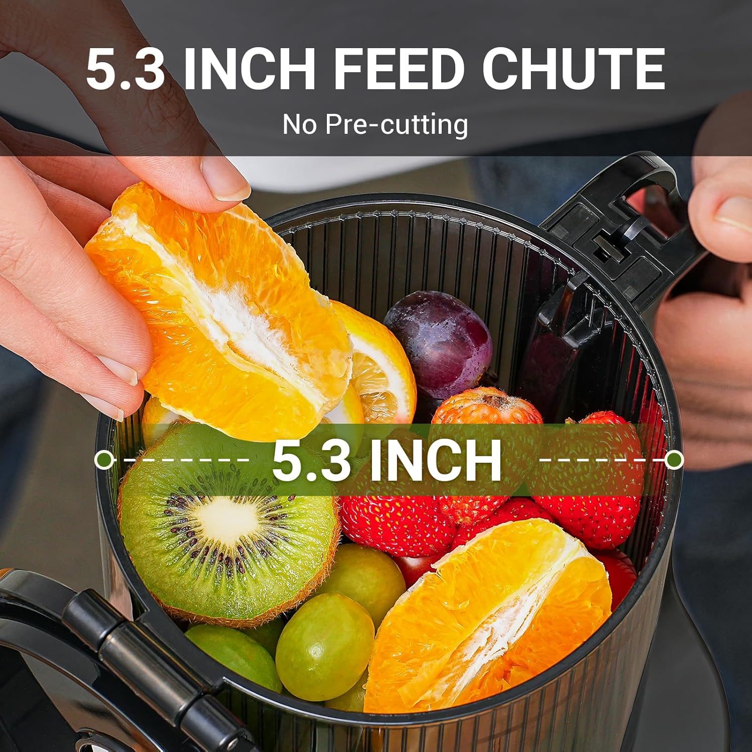 Detalle 2 de AMZCHEF Automatic Cold Press Juicer Machine (250W) with 145mm Chute and 2L Capacity, Triple Filter, Safety Lock