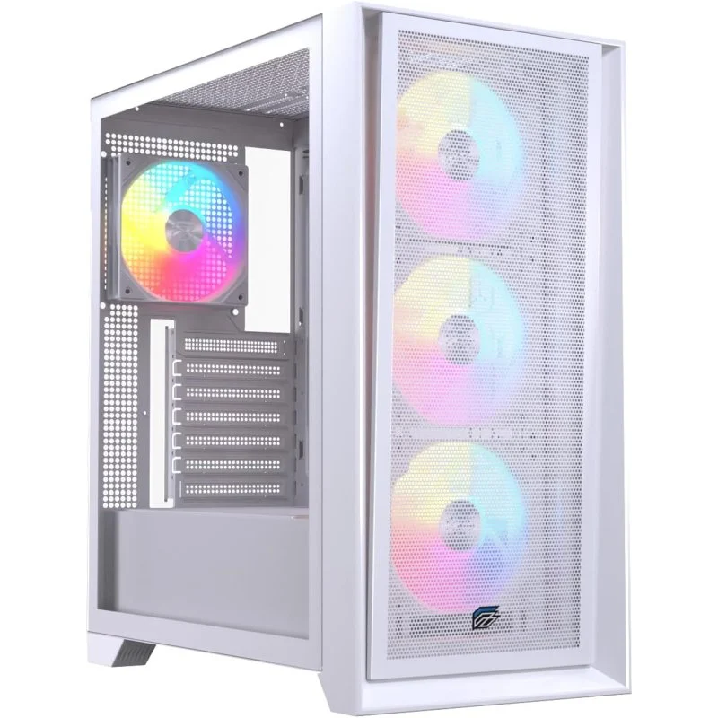 Detalle de Einarex PULSE P600 RGB White: Torre ATX con panel Vidrio/Malla, 3x ventiladores 120 mm
