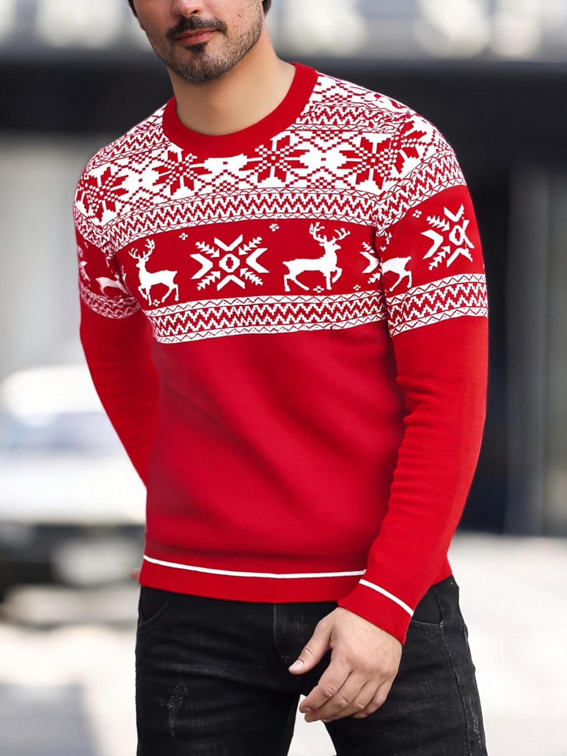 Detalle de Jahetuul Pull de Noël homme à col rond : renne et flocon, manches longues