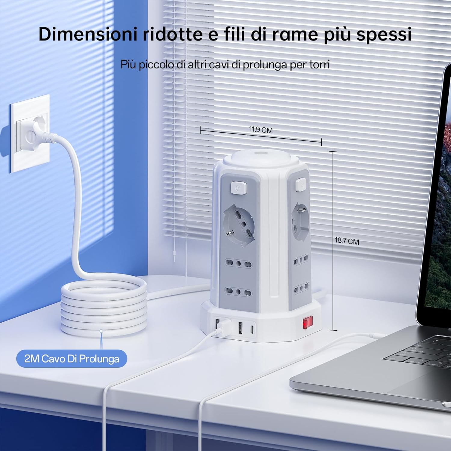 Thumbnail 5 de Ciabatta elettrica KEMELO verticale con luce notturna, 12 prese e 4 USB (3 USB-A + 1 USB-C) e 4 interruttori indipendenti, 2 m