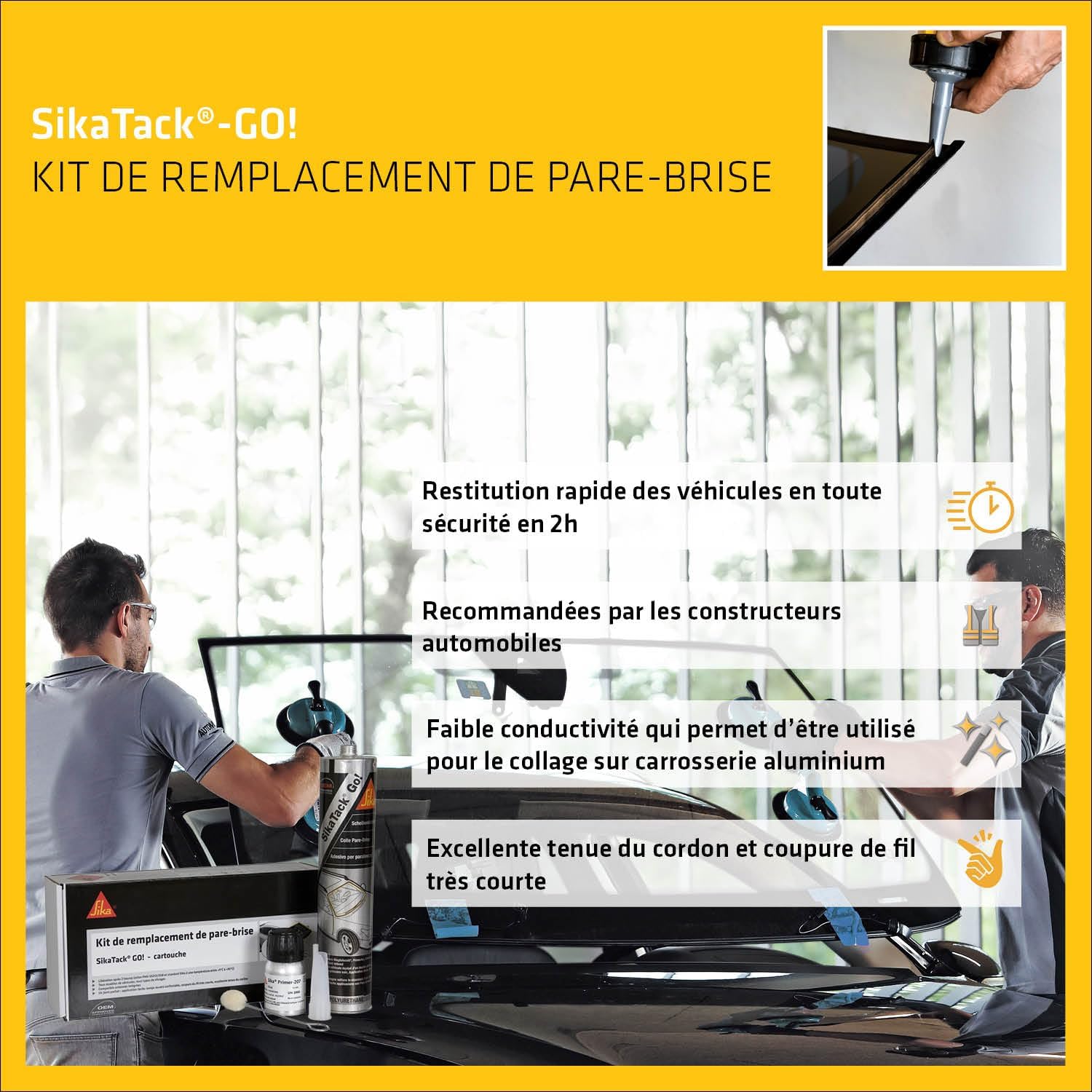 Detalle de SikaTack Go: Kit de remplacement de pare-brise tout-en-un, séchage rapide en 2 heures