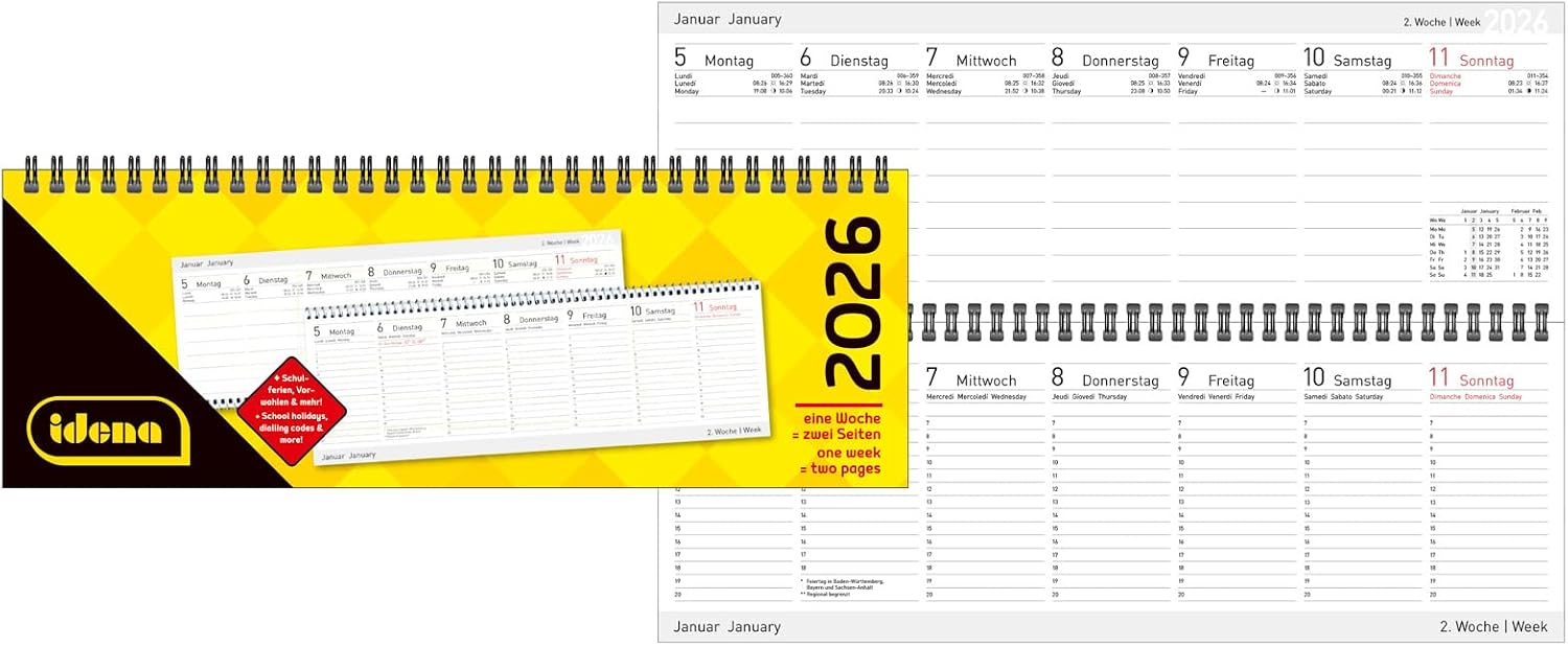 Detalle de Idena 12059 bureaukalender 2026, liggend met weekindeling en spiraalbinding