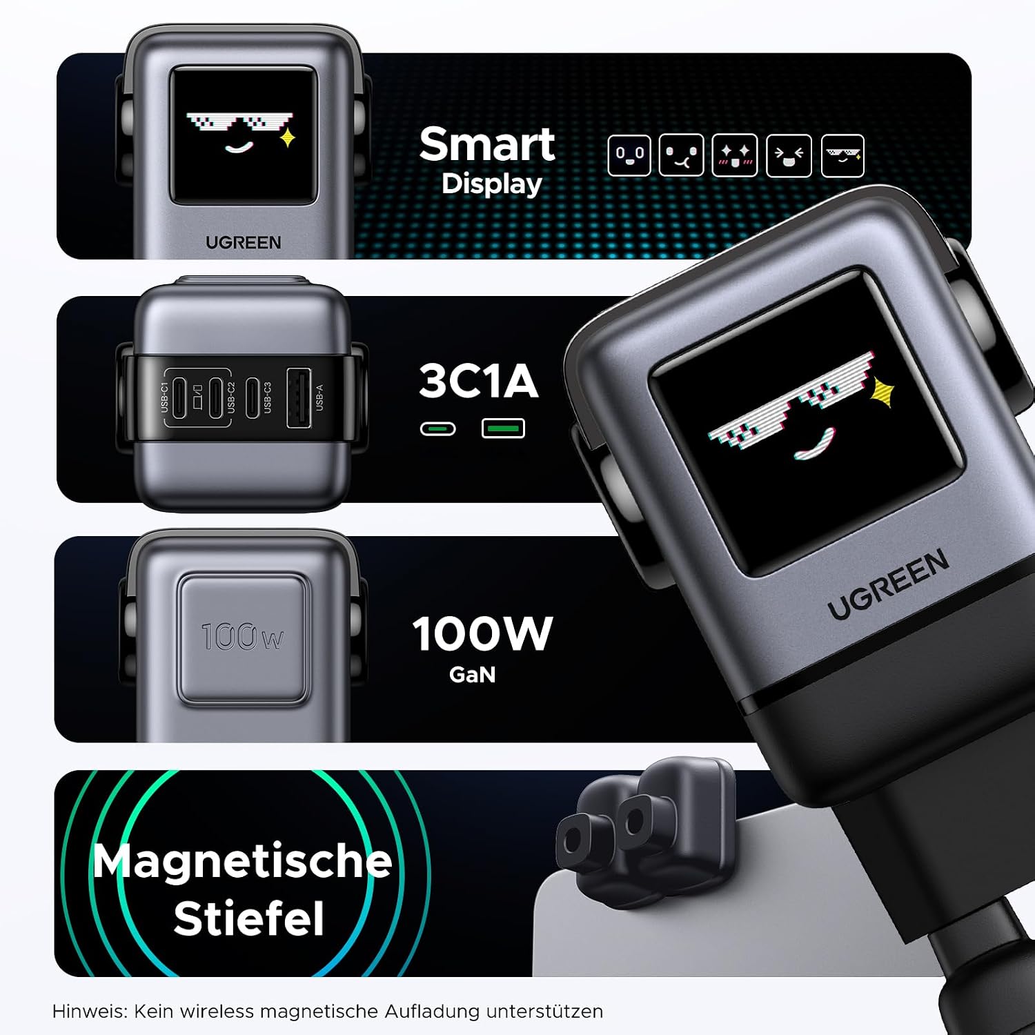 Detalle 2 de UGREEN UNO USB C Ladegerät 100W GaN Netzteil mit 4 Ports – kompaktes 4-in-1 Schnellladen mit LED-Display