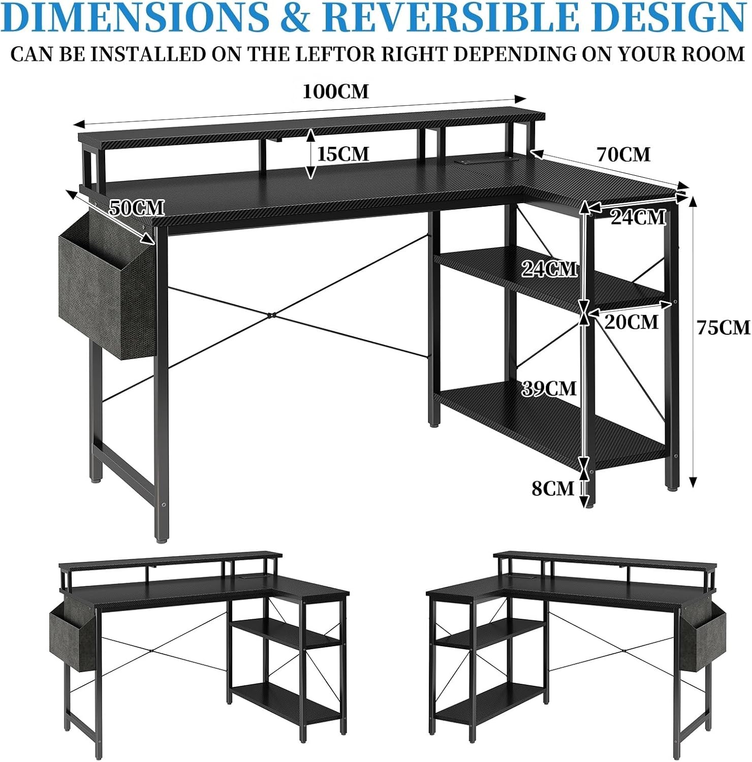 Thumbnail 2 de Grandder 100cm Reversible L-Shaped Gaming Desk with Power Sockets & LED Lights